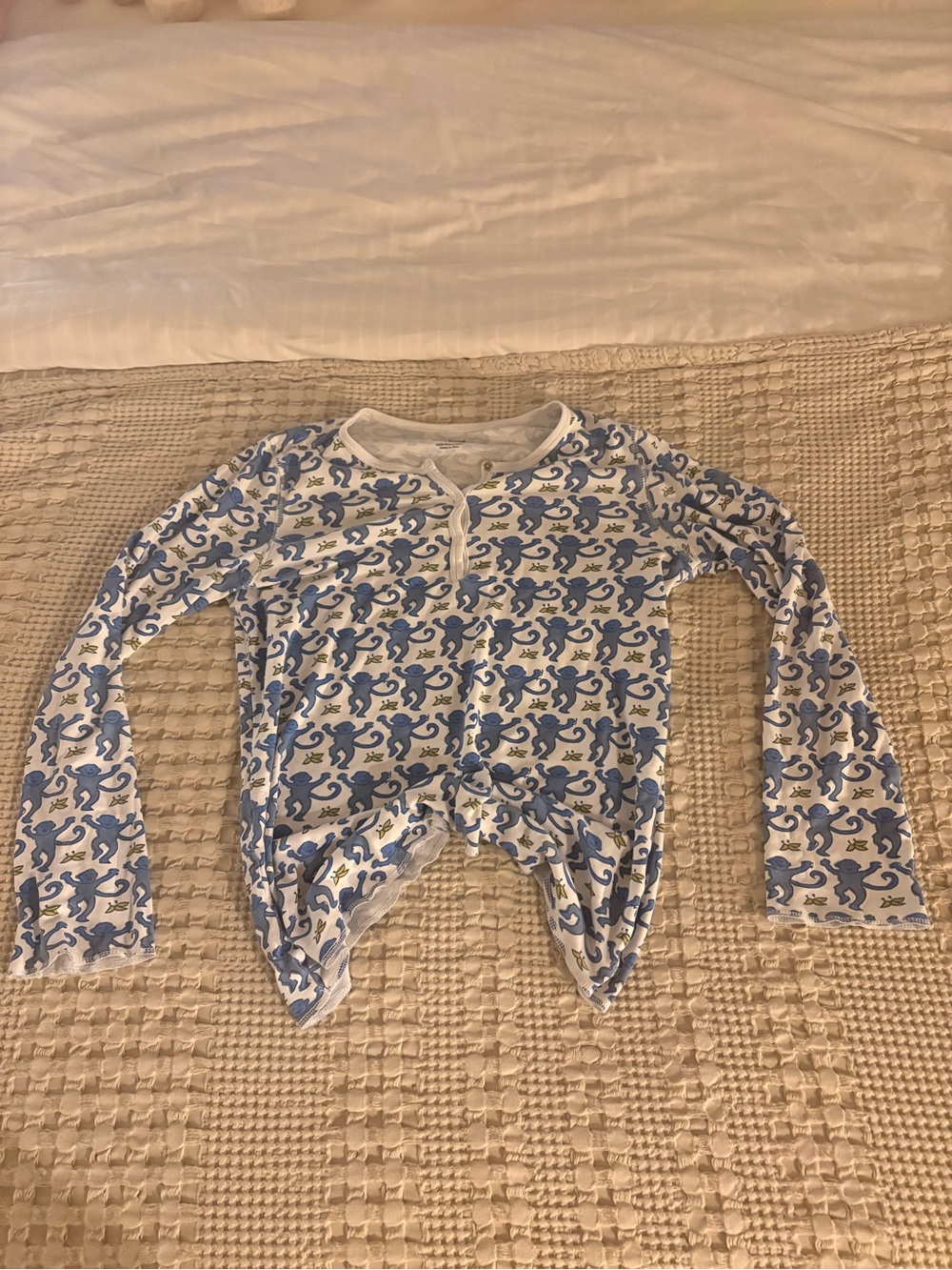 Roller Rabbit White Long-Sleeve Top with Blue Monkey Print